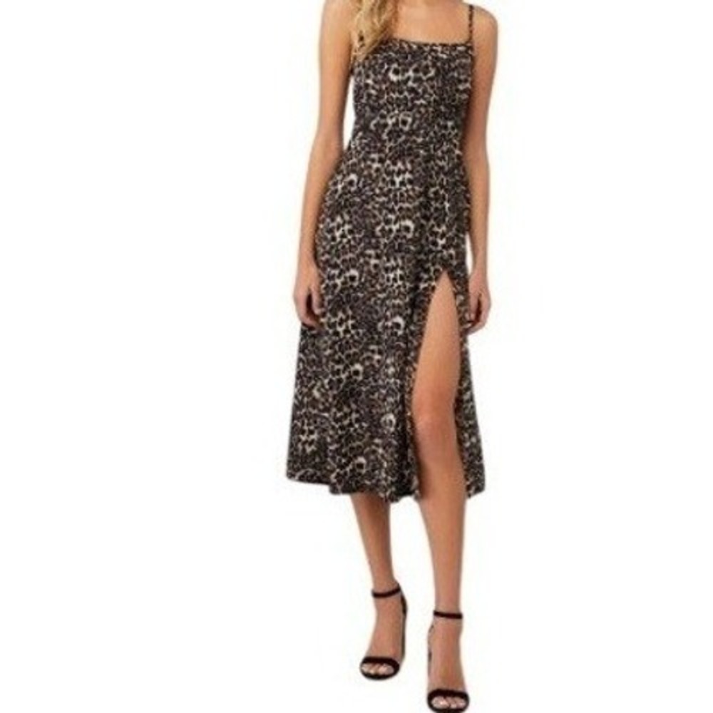 Flynn Skye Leopard Print Midi Dress Womens Small Brown Black Square Neck Slit